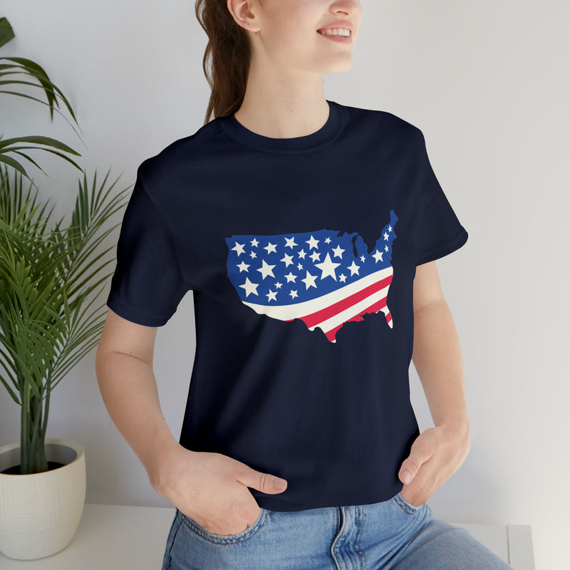 4th of July American Flag Map Jersey Short Sleeve Tee - Soft & Comfortable - Patriotic Clothing - Made in the USA