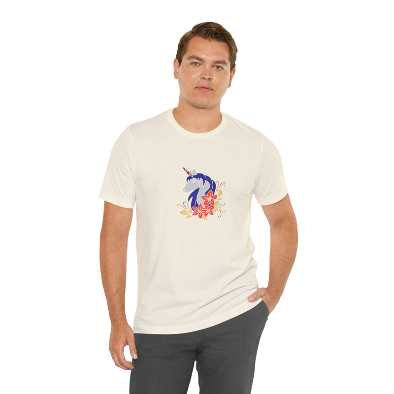 4th of July Unicorn with Flowers Jersey Short Sleeve Tee - Soft & Comfortable - Patriotic Clothing - Made in the USA