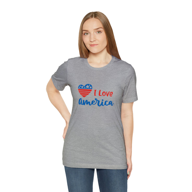 I Love America Heart Jersey Short Sleeve Tee - Soft & Comfortable - Patriotic Clothing - Made in the USA