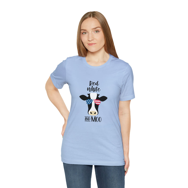 Red, White, and Moo Patriotic Cow Jersey Short Sleeve Tee - Funny & Patriotic Clothing - Soft & Comfortable - Made in the USA