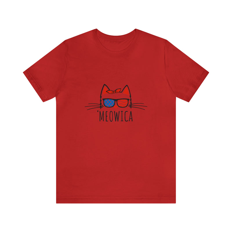 'Meowica Patriotic Cat with Sunglasses Jersey Short Sleeve Tee - Soft & Comfortable - Cute & Patriotic Clothing - Made in the USA