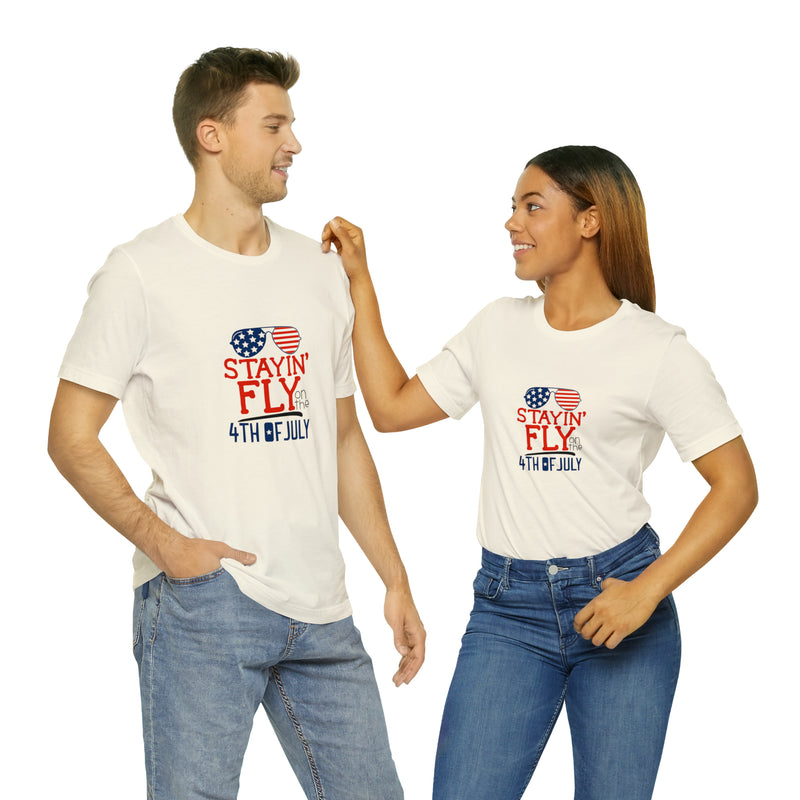 Stayin' Fly on the 4th of July American Flag Sunglasses Unisex Jersey Short Sleeve Tee - Stylish Patriotic Clothing - Made in the USA