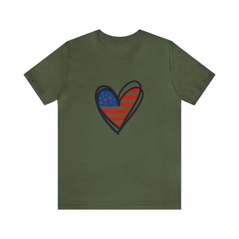 Love America Flag Heart Jersey Short Sleeve Tee - Soft & Comfortable - Patriotic Clothing - Made in the USA