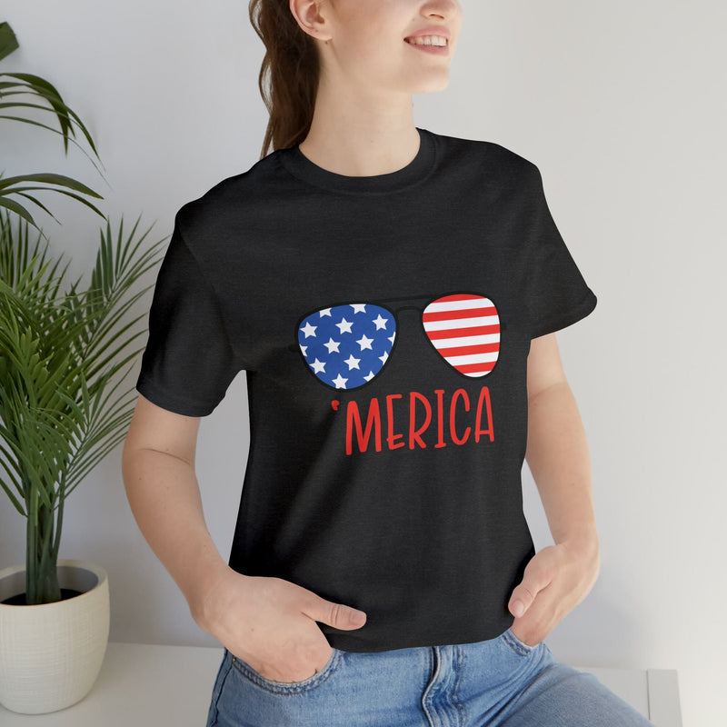 'Merica American Flag Sunglasses Jersey Short Sleeve Tee - Soft & Comfortable - Patriotic Clothing - Made in the USA