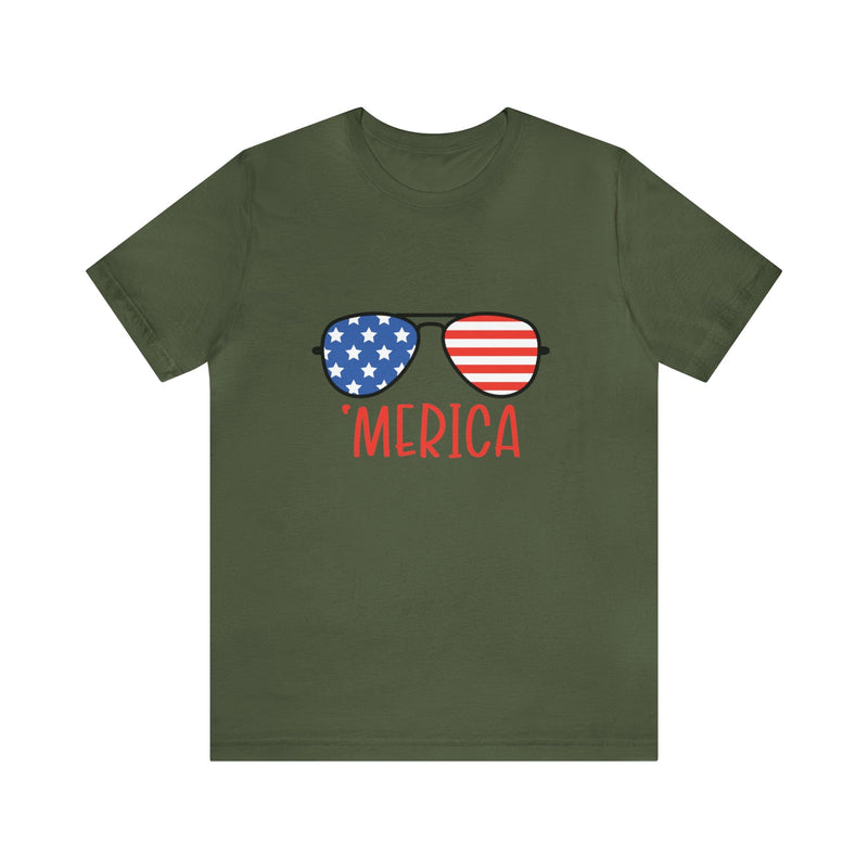 'Merica American Flag Sunglasses Jersey Short Sleeve Tee - Soft & Comfortable - Patriotic Clothing - Made in the USA