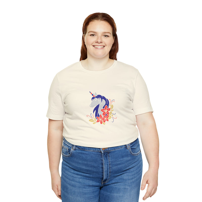 4th of July Unicorn with Flowers Jersey Short Sleeve Tee - Soft & Comfortable - Patriotic Clothing - Made in the USA