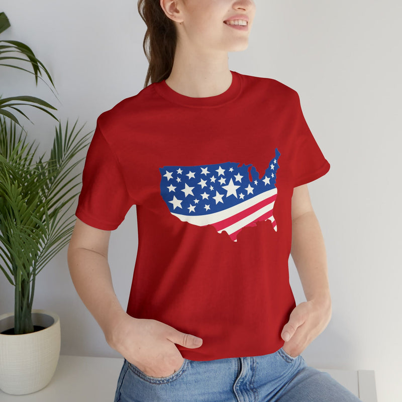 4th of July American Flag Map Jersey Short Sleeve Tee - Soft & Comfortable - Patriotic Clothing - Made in the USA