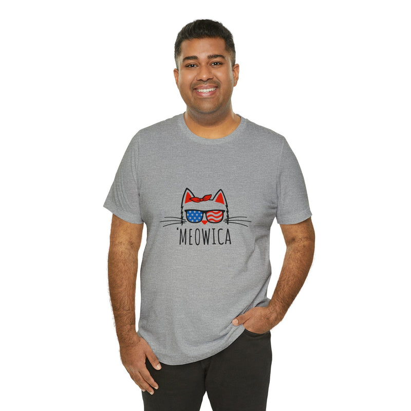 'Meowica Patriotic Cat with Sunglasses Jersey Short Sleeve Tee - Soft & Comfortable - Cute & Patriotic Clothing - Made in the USA