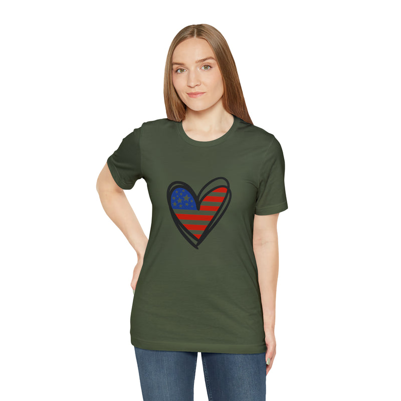 Love America Flag Heart Jersey Short Sleeve Tee - Soft & Comfortable - Patriotic Clothing - Made in the USA