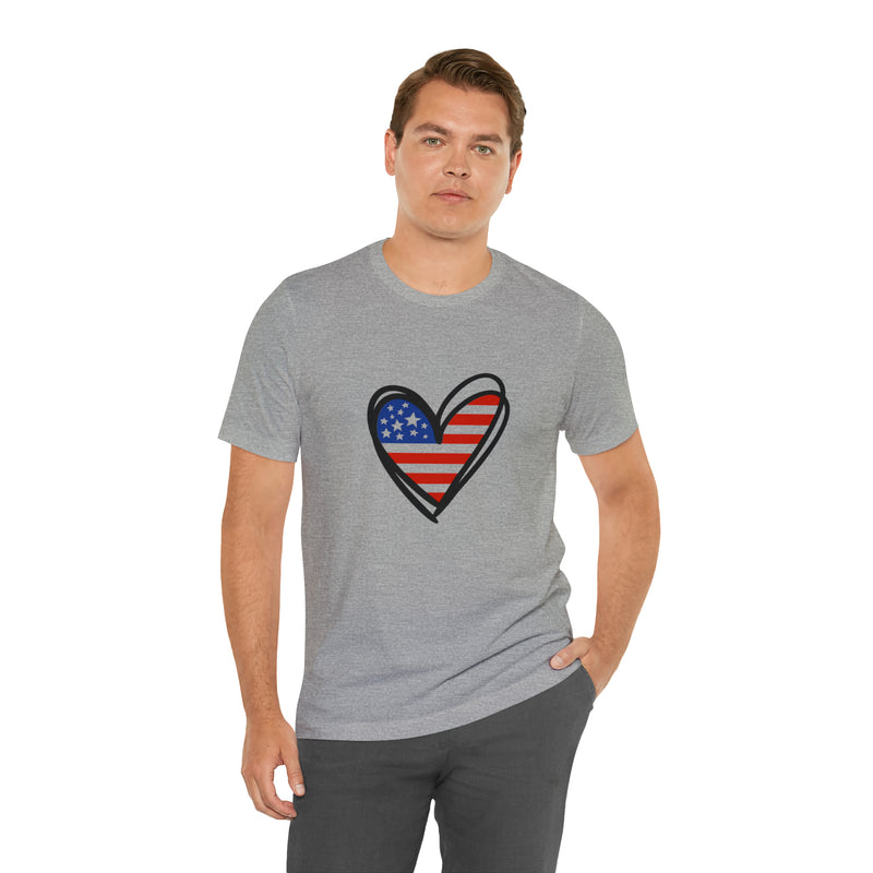 Love America Flag Heart Jersey Short Sleeve Tee - Soft & Comfortable - Patriotic Clothing - Made in the USA