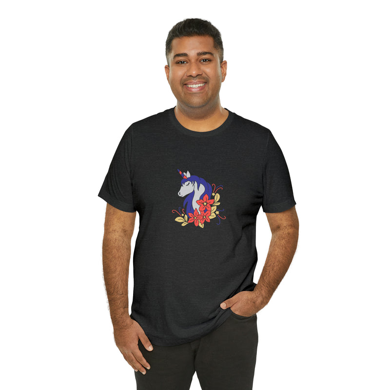 4th of July Unicorn with Flowers Jersey Short Sleeve Tee - Soft & Comfortable - Patriotic Clothing - Made in the USA