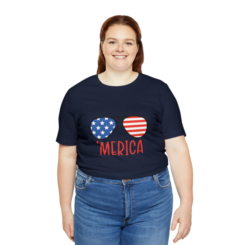 'Merica American Flag Sunglasses Jersey Short Sleeve Tee - Soft & Comfortable - Patriotic Clothing - Made in the USA