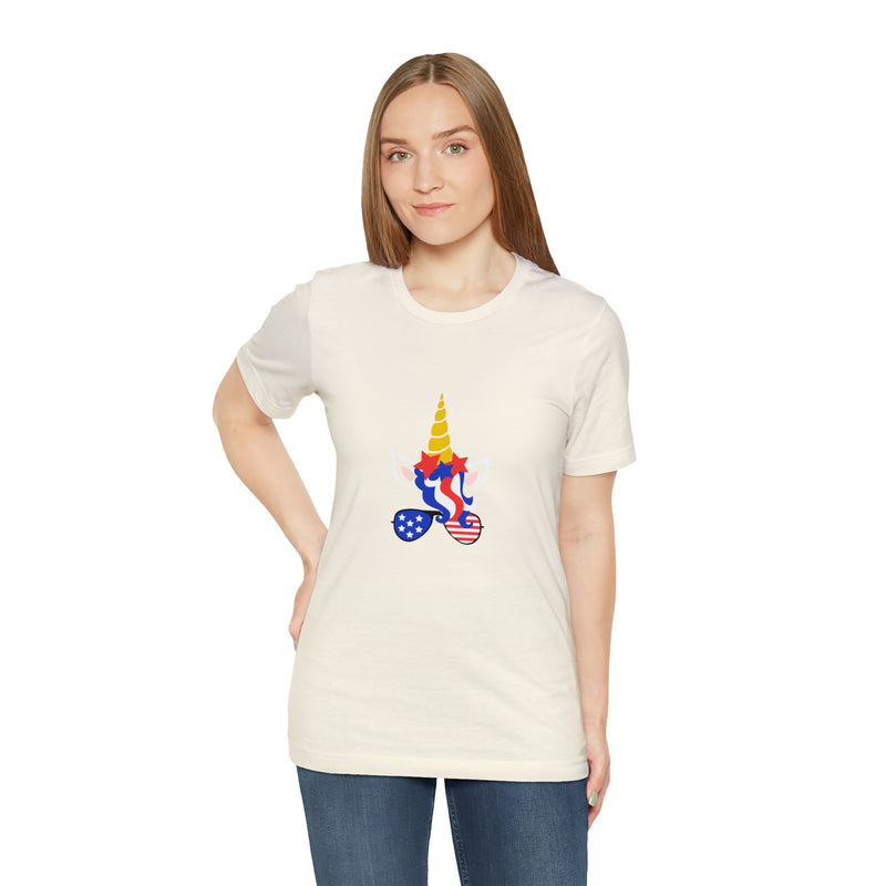 4th of July Unicorn with Sunglasses Jersey Short Sleeve Tee - Soft & Comfortable - Patriotic Clothing - Made in the USA