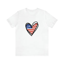 Love America Flag Heart Jersey Short Sleeve Tee - Soft & Comfortable - Patriotic Clothing - Made in the USA