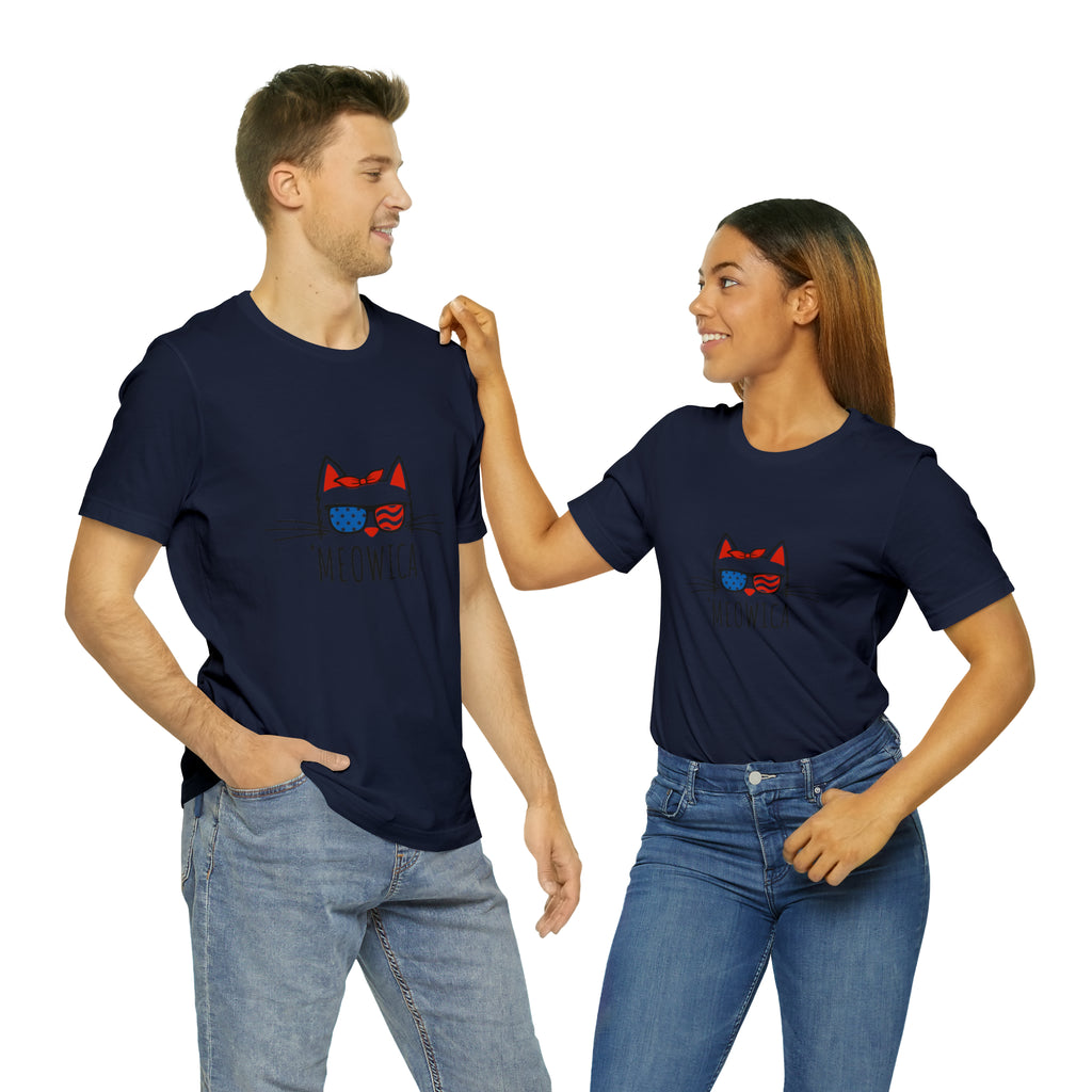 'Meowica Patriotic Cat with Sunglasses Jersey Short Sleeve Tee - Soft & Comfortable - Cute & Patriotic Clothing - Made in the USA
