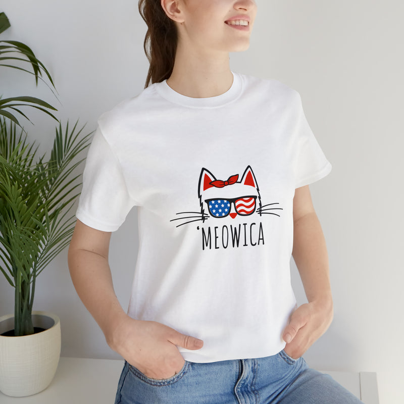 'Meowica Patriotic Cat with Sunglasses Jersey Short Sleeve Tee - Soft & Comfortable - Cute & Patriotic Clothing - Made in the USA