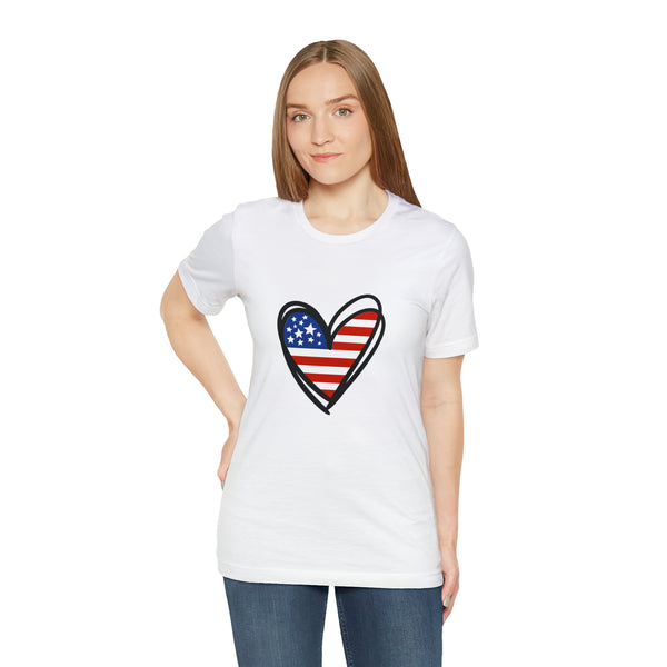 Love America Flag Heart Jersey Short Sleeve Tee - Soft & Comfortable - Patriotic Clothing - Made in the USA