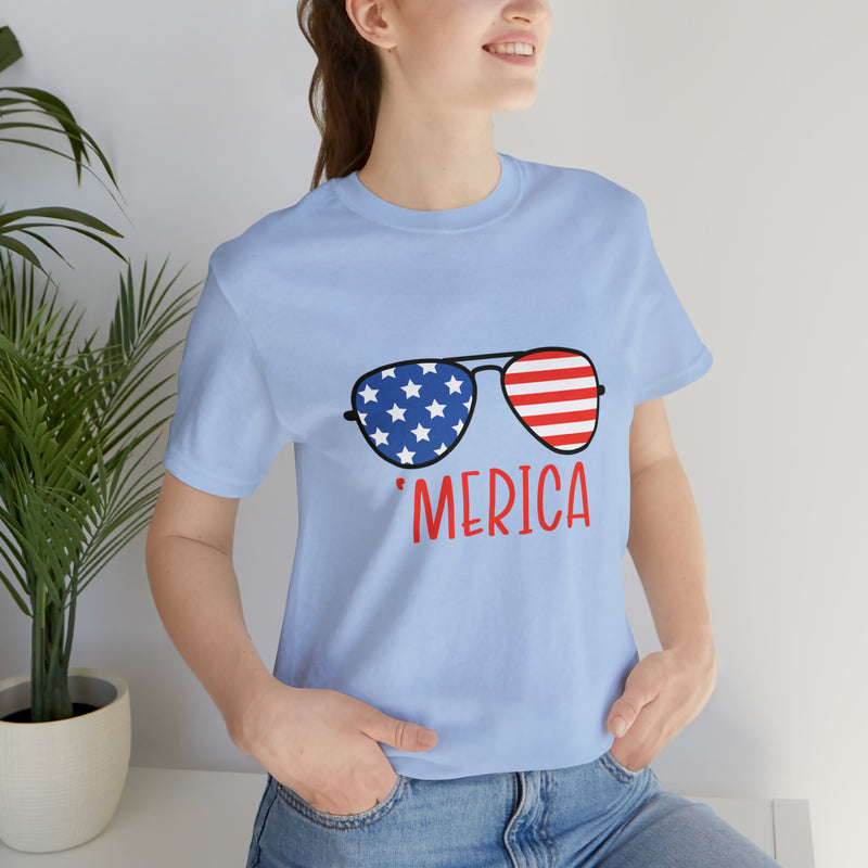 'Merica American Flag Sunglasses Jersey Short Sleeve Tee - Soft & Comfortable - Patriotic Clothing - Made in the USA