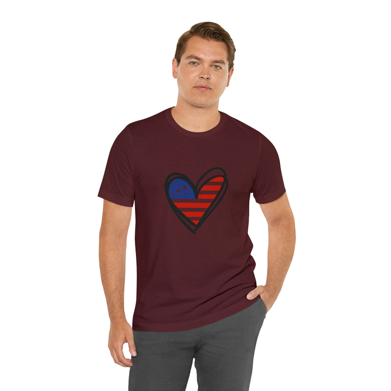 Love America Flag Heart Jersey Short Sleeve Tee - Soft & Comfortable - Patriotic Clothing - Made in the USA