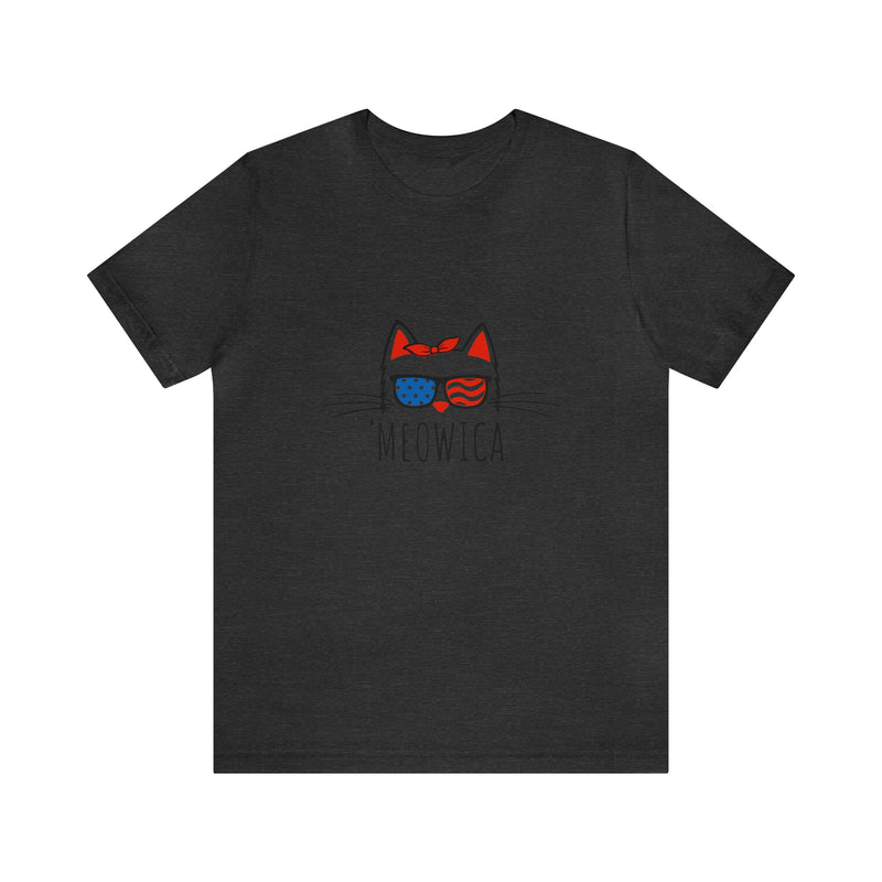 'Meowica Patriotic Cat with Sunglasses Jersey Short Sleeve Tee - Soft & Comfortable - Cute & Patriotic Clothing - Made in the USA