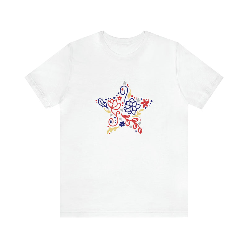 4th of July Floral Star Jersey Short Sleeve Tee - Patriotic Clothing - Made in the USA