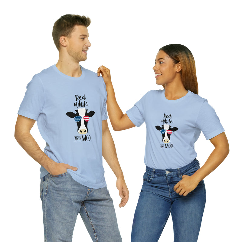 Red, White, and Moo Patriotic Cow Jersey Short Sleeve Tee - Funny & Patriotic Clothing - Soft & Comfortable - Made in the USA