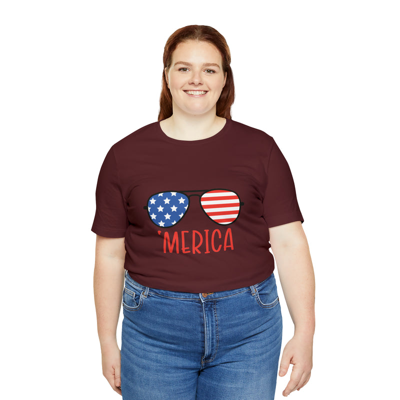 'Merica American Flag Sunglasses Jersey Short Sleeve Tee - Soft & Comfortable - Patriotic Clothing - Made in the USA