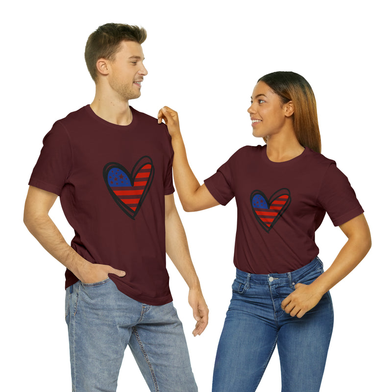 Love America Flag Heart Jersey Short Sleeve Tee - Soft & Comfortable - Patriotic Clothing - Made in the USA