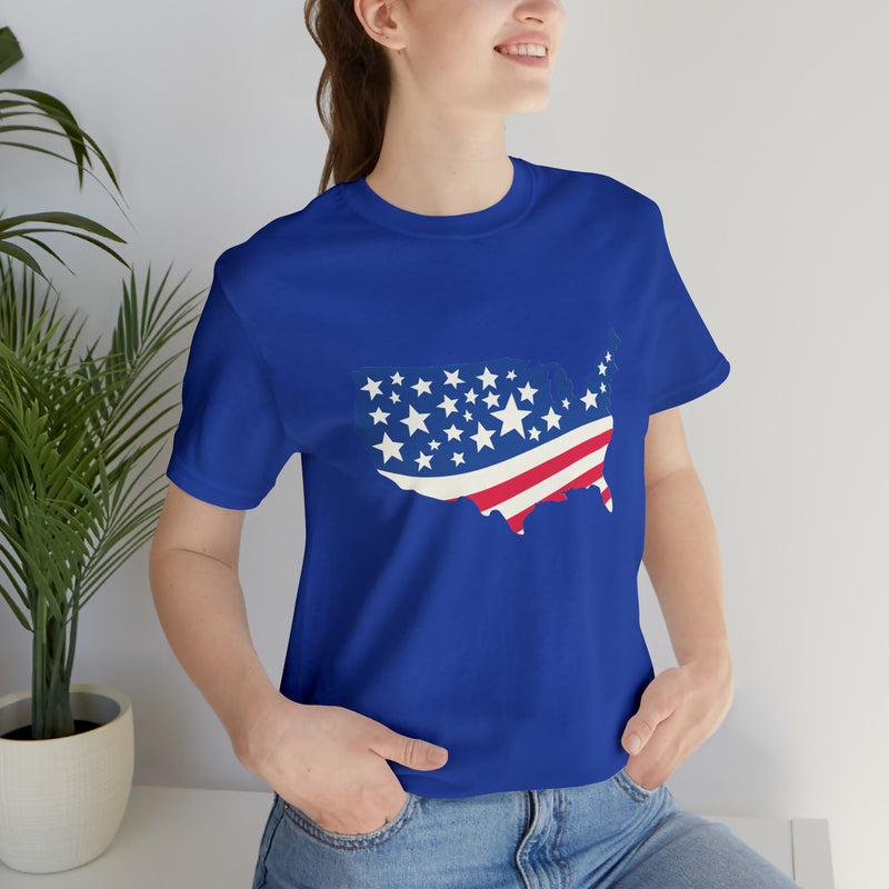 4th of July American Flag Map Jersey Short Sleeve Tee - Soft & Comfortable - Patriotic Clothing - Made in the USA