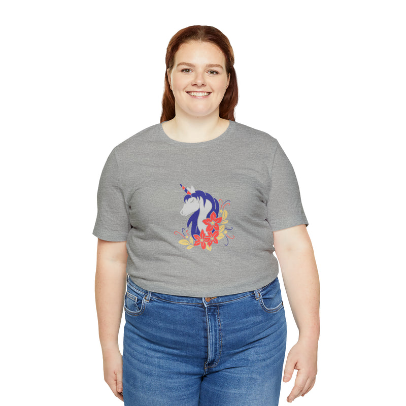 4th of July Unicorn with Flowers Jersey Short Sleeve Tee - Soft & Comfortable - Patriotic Clothing - Made in the USA