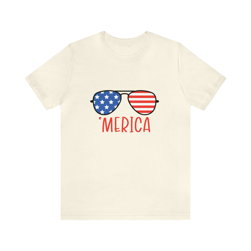 'Merica American Flag Sunglasses Jersey Short Sleeve Tee - Soft & Comfortable - Patriotic Clothing - Made in the USA