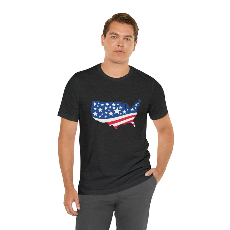 4th of July American Flag Map Jersey Short Sleeve Tee - Soft & Comfortable - Patriotic Clothing - Made in the USA