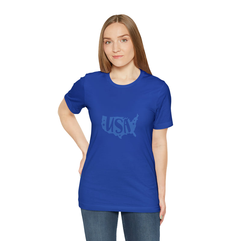 Blue USA Map Short Sleeve Tee - Patriotic Clothing - Made in the USA