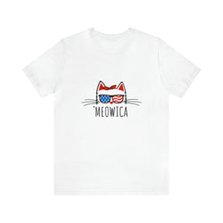 'Meowica Patriotic Cat with Sunglasses Jersey Short Sleeve Tee - Soft & Comfortable - Cute & Patriotic Clothing - Made in the USA