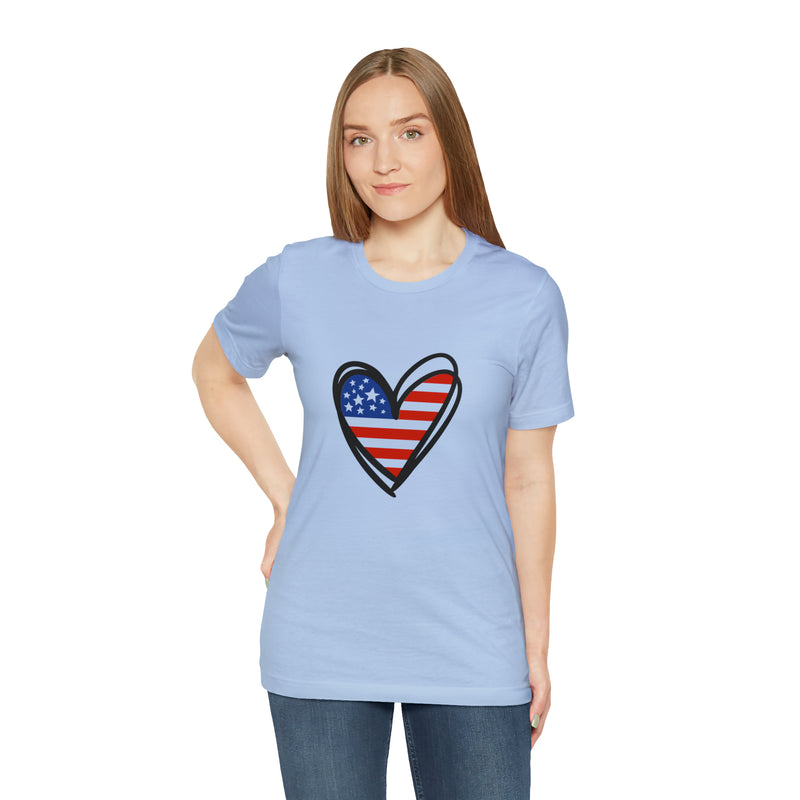 Love America Flag Heart Jersey Short Sleeve Tee - Soft & Comfortable - Patriotic Clothing - Made in the USA