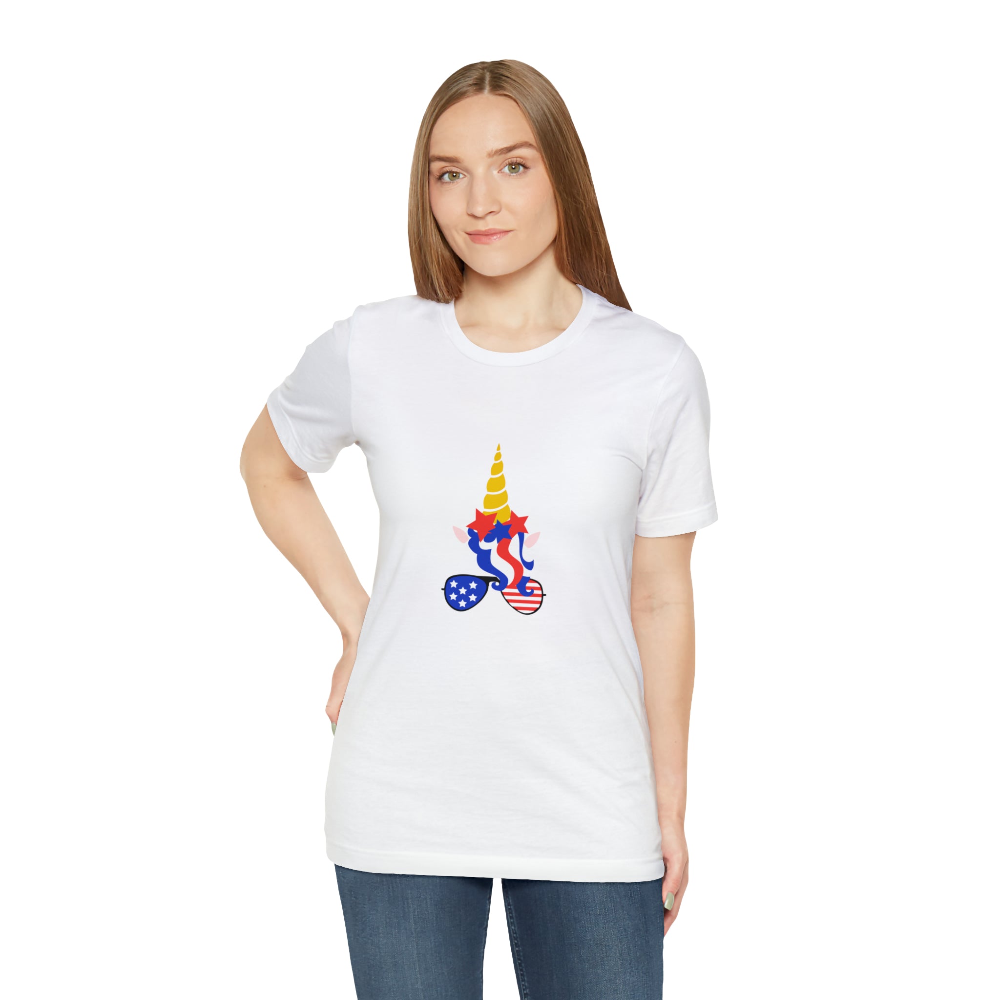 4th of July Unicorn with Sunglasses Jersey Short Sleeve Tee - Soft & Comfortable - Patriotic Clothing - Made in the USA