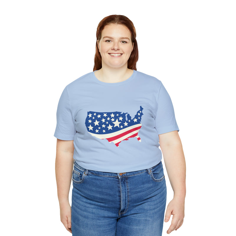 4th of July American Flag Map Jersey Short Sleeve Tee - Soft & Comfortable - Patriotic Clothing - Made in the USA