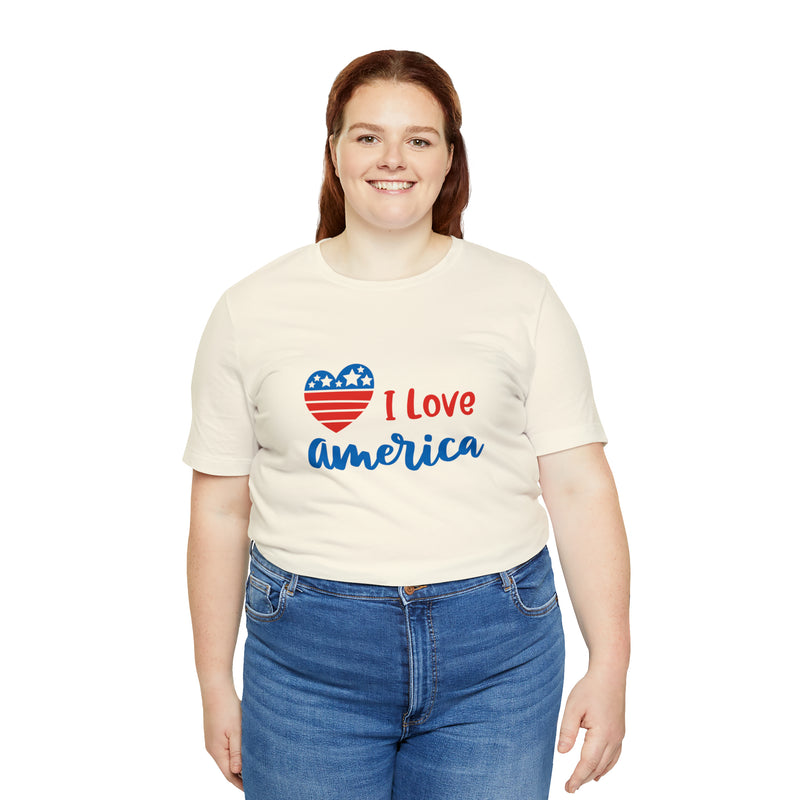 I Love America Heart Jersey Short Sleeve Tee - Soft & Comfortable - Patriotic Clothing - Made in the USA