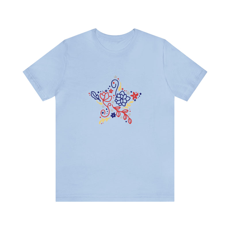 4th of July Floral Star Jersey Short Sleeve Tee - Patriotic Clothing - Made in the USA