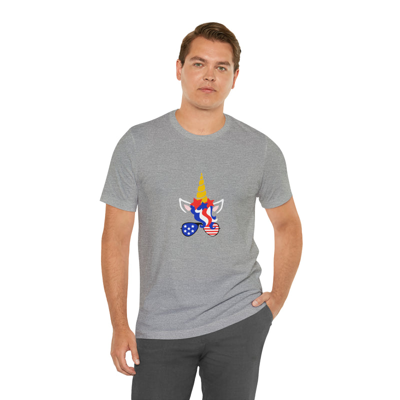 4th of July Unicorn with Sunglasses Jersey Short Sleeve Tee - Soft & Comfortable - Patriotic Clothing - Made in the USA