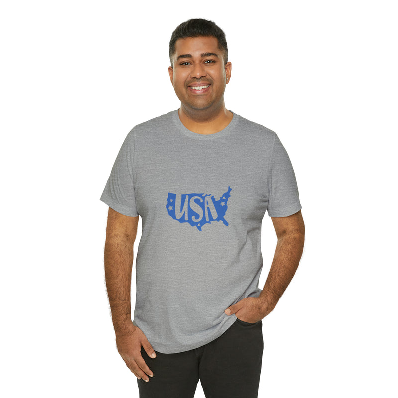 Blue USA Map Short Sleeve Tee - Patriotic Clothing - Made in the USA