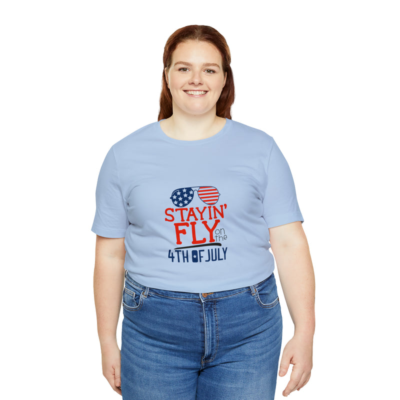 Stayin' Fly on the 4th of July American Flag Sunglasses Unisex Jersey Short Sleeve Tee - Stylish Patriotic Clothing - Made in the USA