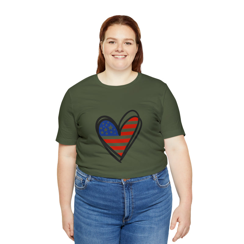 Love America Flag Heart Jersey Short Sleeve Tee - Soft & Comfortable - Patriotic Clothing - Made in the USA