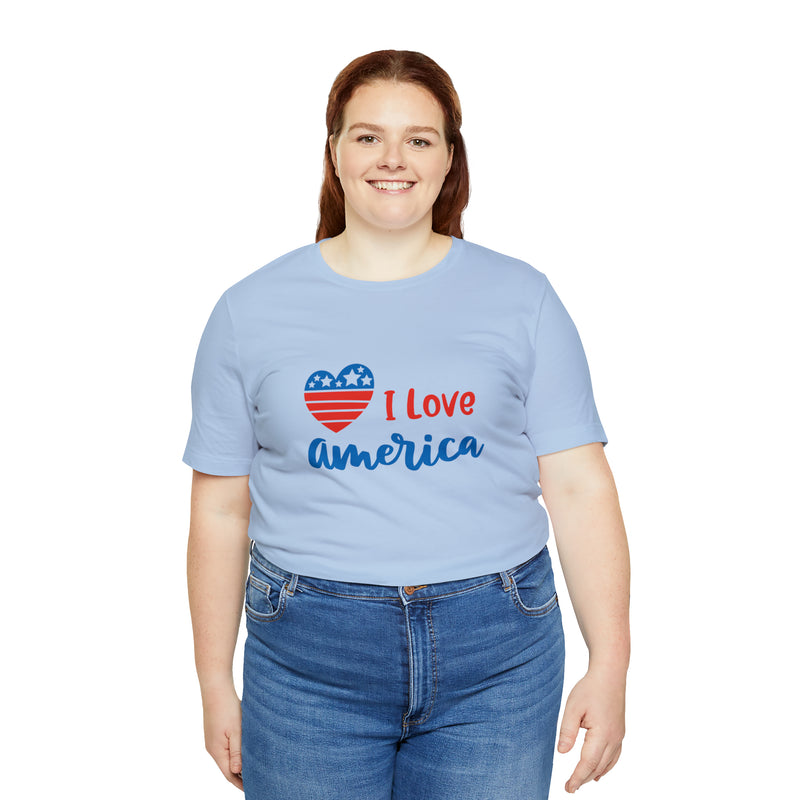 I Love America Heart Jersey Short Sleeve Tee - Soft & Comfortable - Patriotic Clothing - Made in the USA