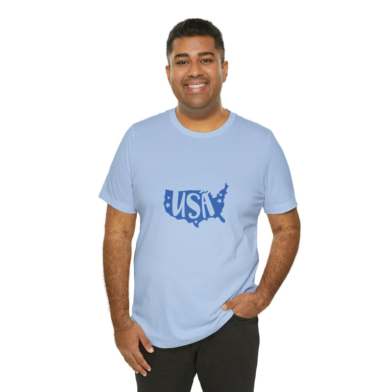 Blue USA Map Short Sleeve Tee - Patriotic Clothing - Made in the USA