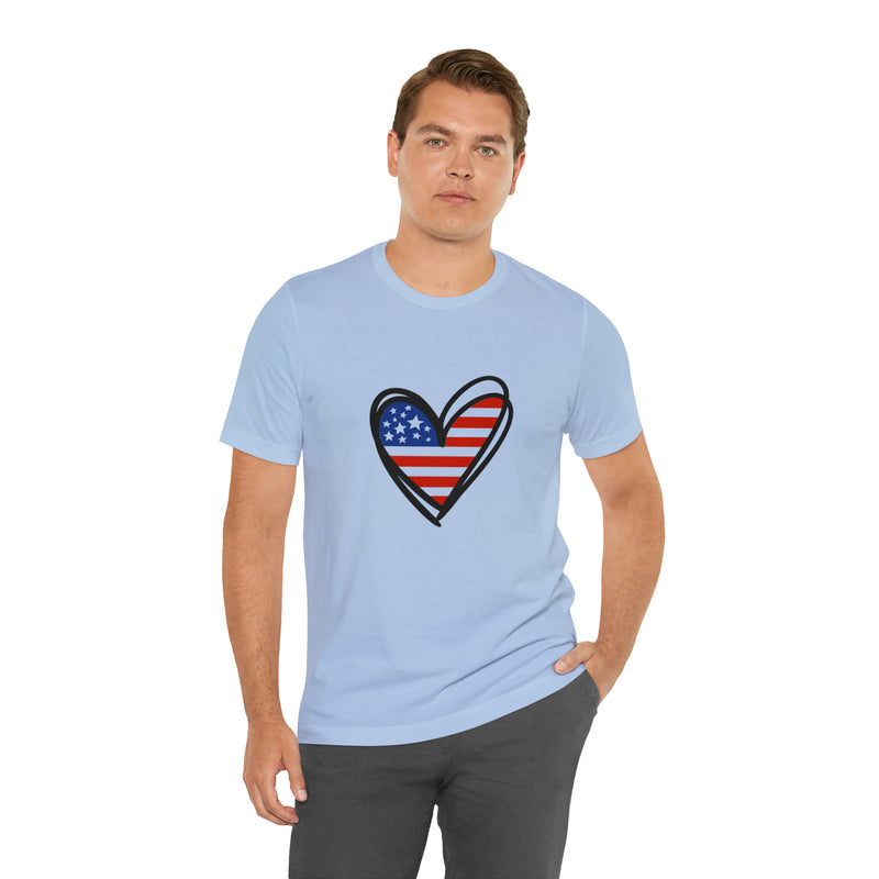 Love America Flag Heart Jersey Short Sleeve Tee - Soft & Comfortable - Patriotic Clothing - Made in the USA