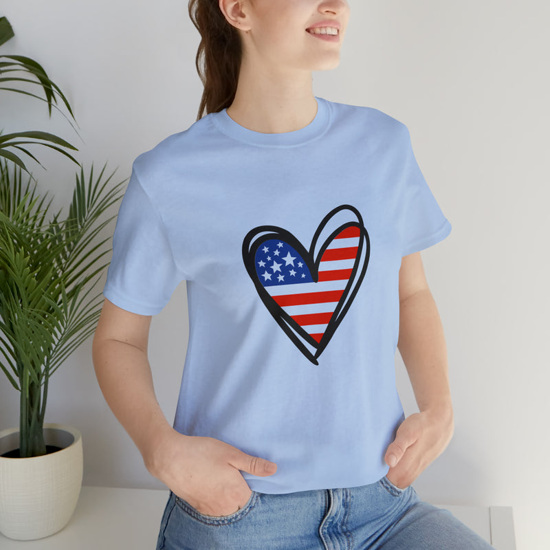 Love America Flag Heart Jersey Short Sleeve Tee - Soft & Comfortable - Patriotic Clothing - Made in the USA