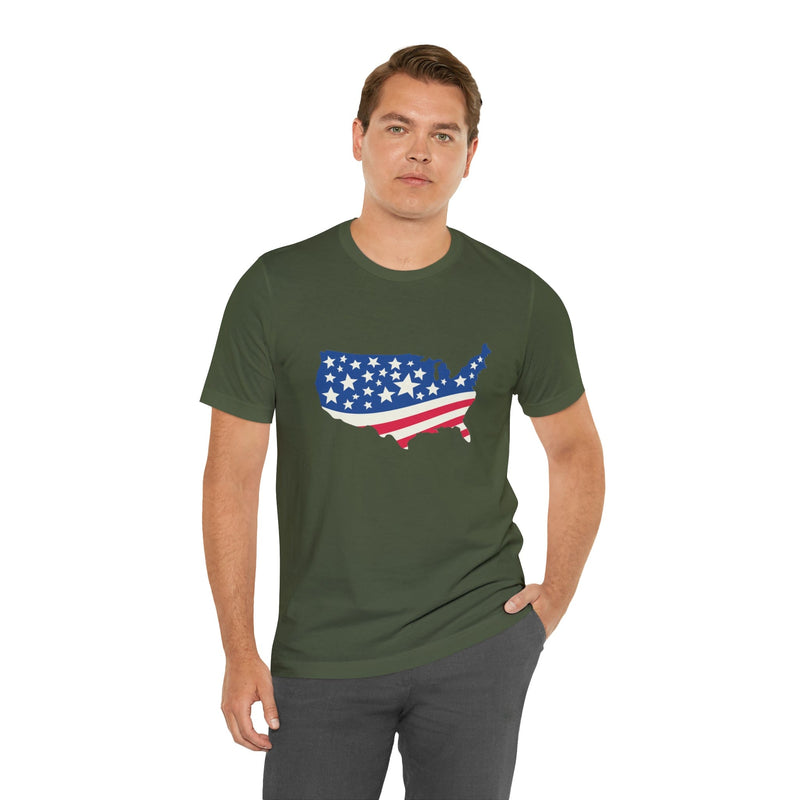 4th of July American Flag Map Jersey Short Sleeve Tee - Soft & Comfortable - Patriotic Clothing - Made in the USA