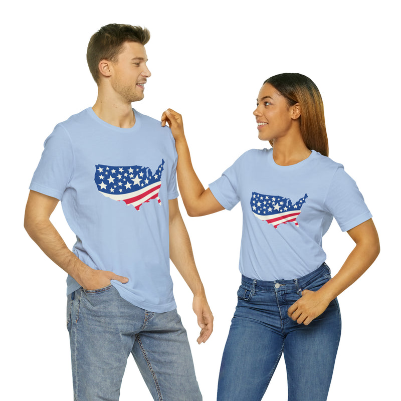 4th of July American Flag Map Jersey Short Sleeve Tee - Soft & Comfortable - Patriotic Clothing - Made in the USA