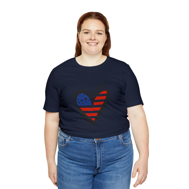 Love America Flag Heart Jersey Short Sleeve Tee - Soft & Comfortable - Patriotic Clothing - Made in the USA